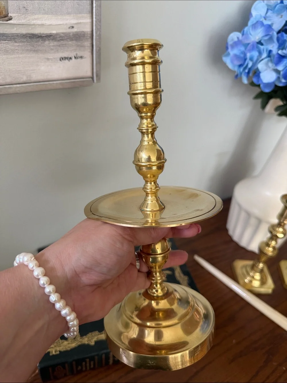 Vintage Brass Candlestick Holder with Circular Drip Tray  and Stepped Bell Base